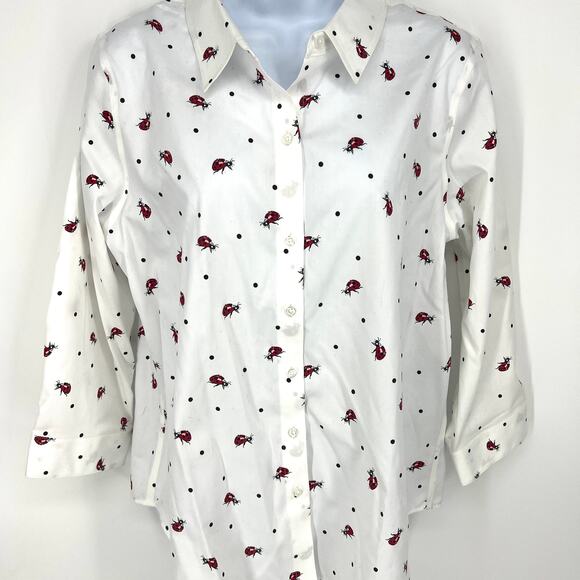 Coldwater Creek 100% Cotton White with Ladybug Print Button Up Blouse 14P NWT - Picture 1 of 9